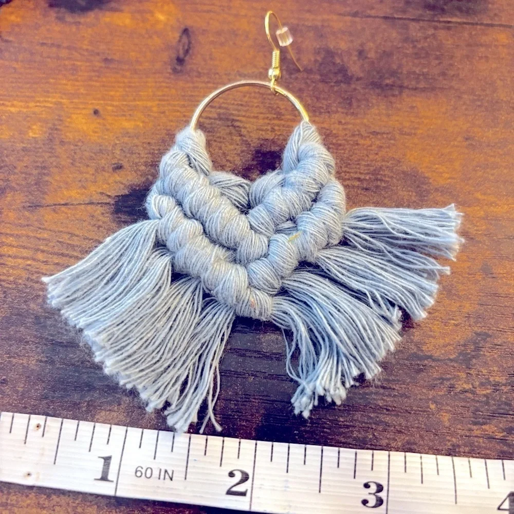 Chic Blue Macramé Tassel Hoop Earrings